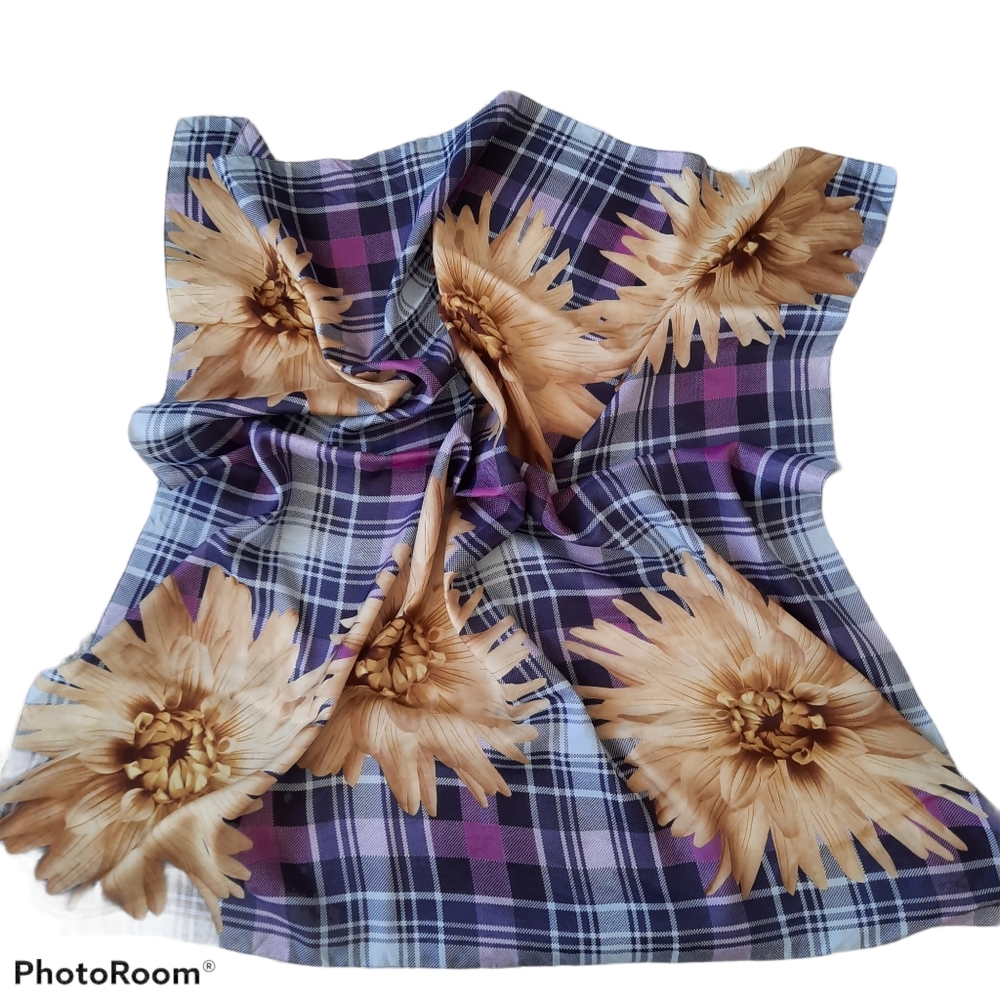 Echo Scarf Plaid And Floral Print Silk Blend Scarf Square Purple Tan